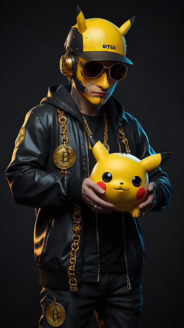 Cyberpunk Man in Pikachu Hat Holding Plush Toy with Gold Chains - Free mobile Wallpaper