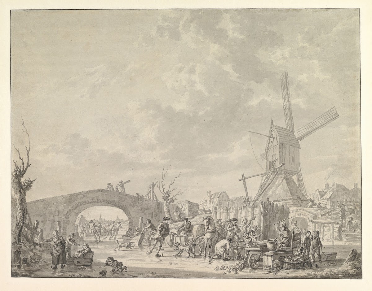 Winter Landscape with Skaters and Sledges on the Ice a Bridge and a Mill behind