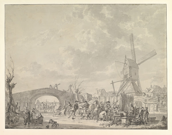 Winter Landscape with Skaters and Sledges on the Ice a Bridge and a Mill behind
