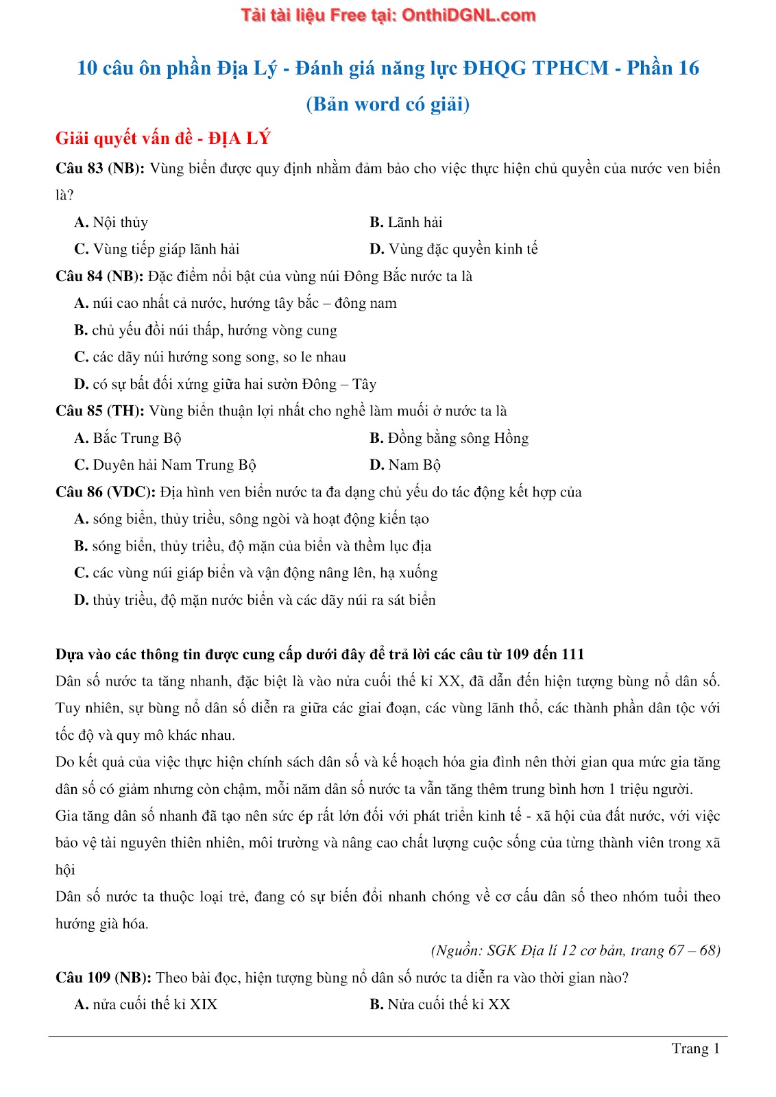 250 bài tập môn Địa Lý - Ôn thi ĐGNL ĐHQG TP HCM Phần 16