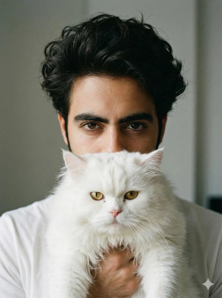 Retrato de un joven con un gato persa