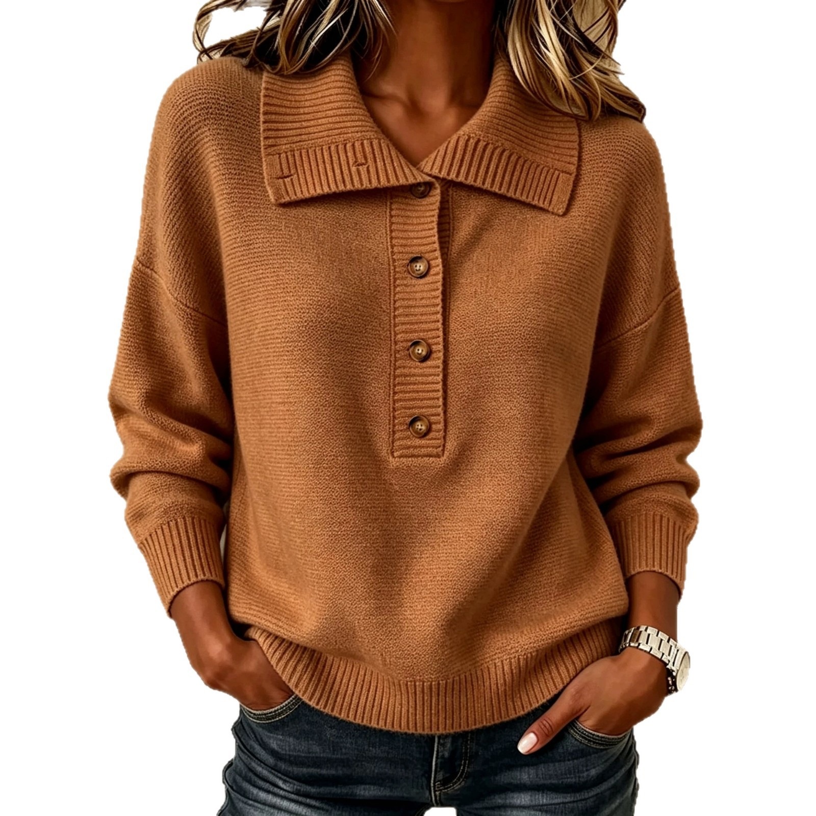 Women's knit sweater with button placket and stand-up collar