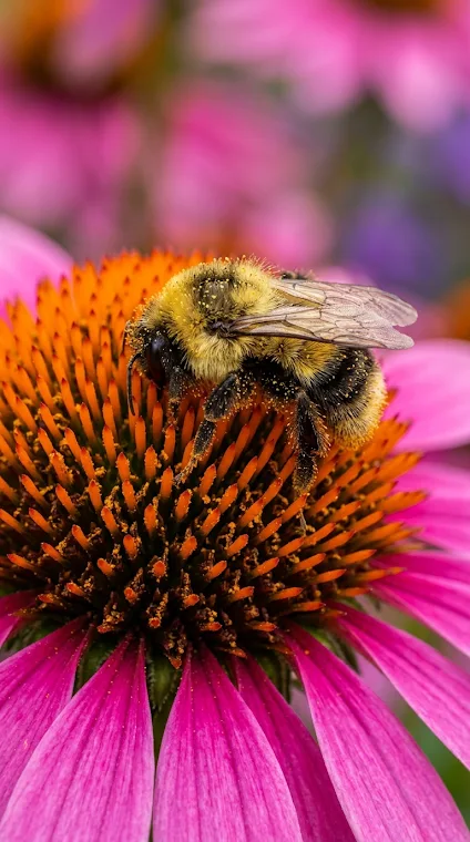 Bumblebee Pollinating Echinacea Flower Macro