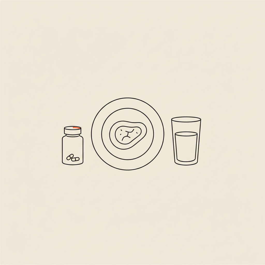 Minimal vector line illustration of a plate with a palm-sized protein portion, glass of water, and small capsule bottle on beige background, slim fast naturally