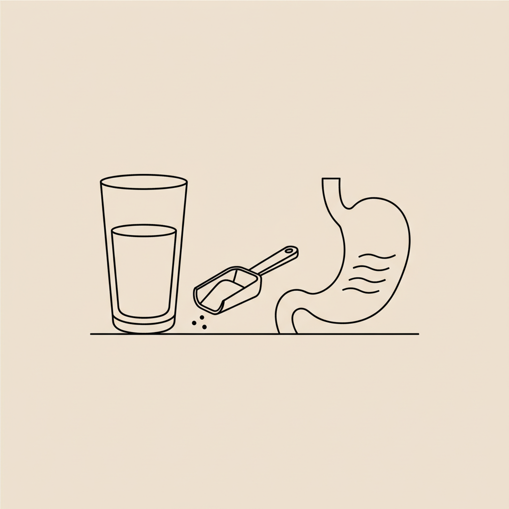 Minimalist line illustration of a glass of water, a scoop of powder, and a stylized stomach with gentle waves indicating fullness — what fiber acts like ozempic