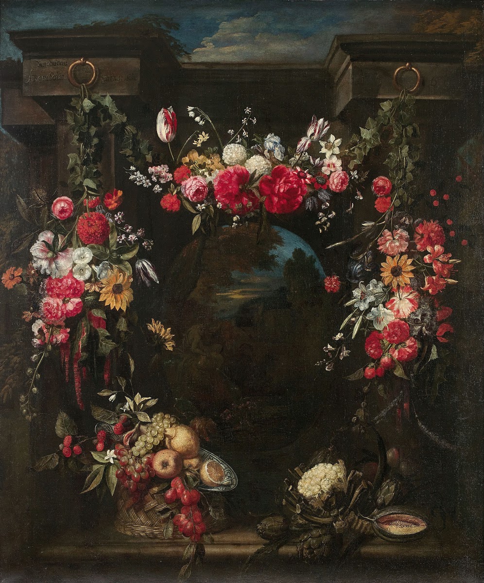 Guirlande de fleurs fruits et légumes entourant un paysage avec un dieu fleuve