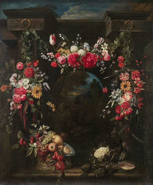 Guirlande de fleurs fruits et légumes entourant un paysage avec un dieu fleuve