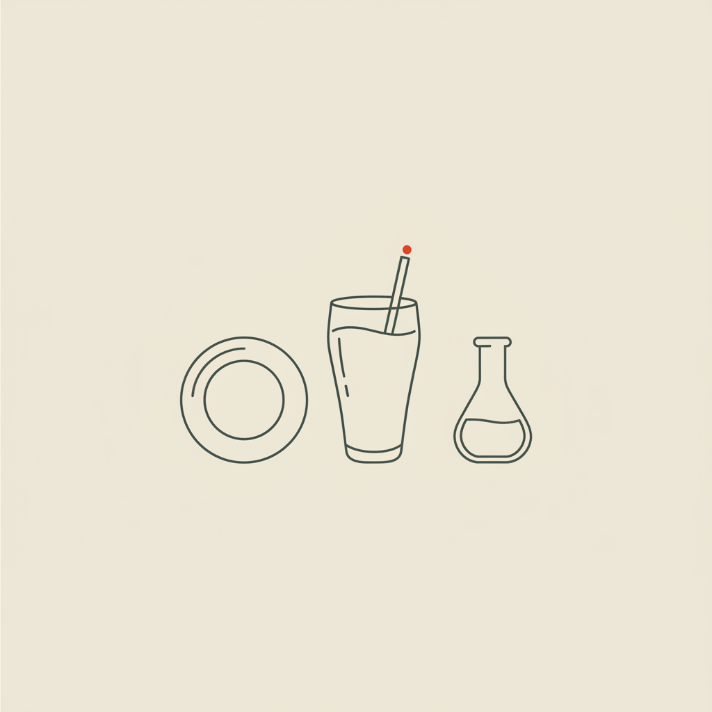 Minimal Tonum-style line illustration of a plate, shake glass, and small lab flask on beige background representing Herbalife meal replacement and nutrition science.