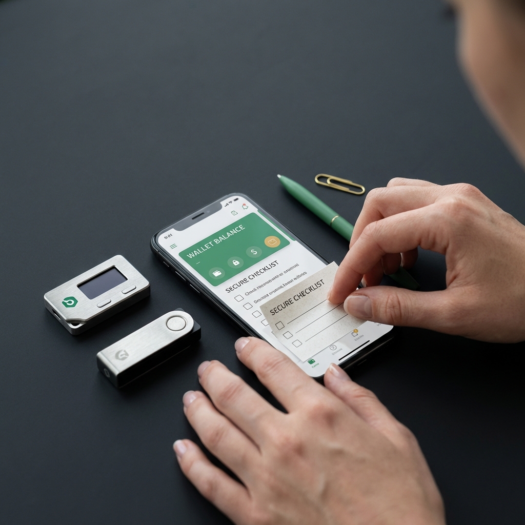 Close up of a hardware wallet and phone showing a minimalist wallet app with hands arranging a checklist on dark background investing in cryptocurrency for beginners