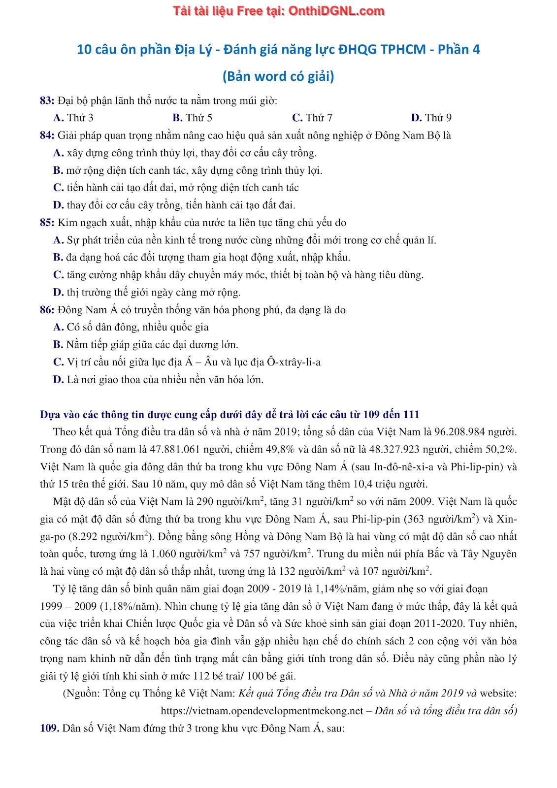 250 bài tập môn Địa Lý - Ôn thi ĐGNL ĐHQG TP HCM Phần 4