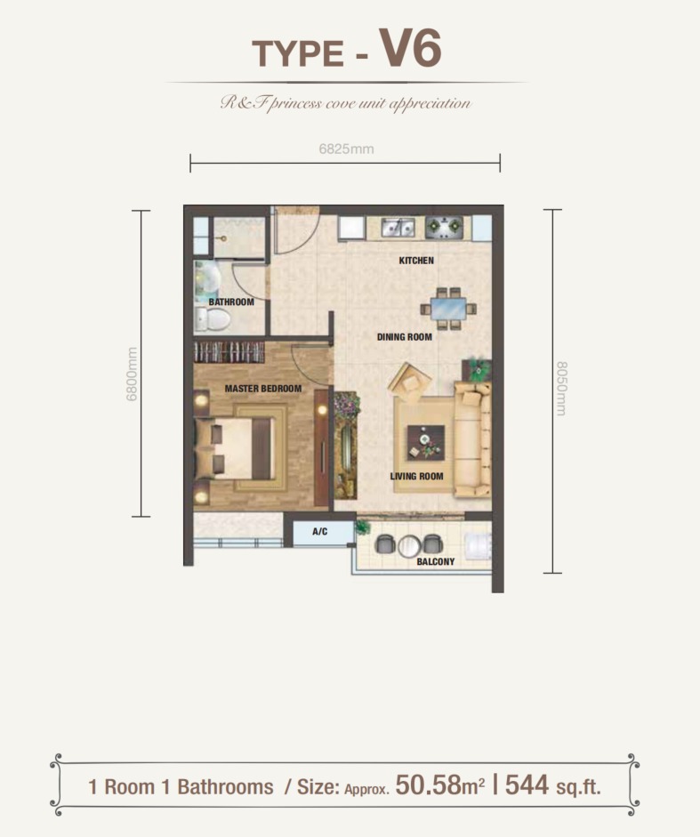 Princess Cove RNF Phase 2 Type V6 floor plan — 544 sq ft, 1 bedrooms