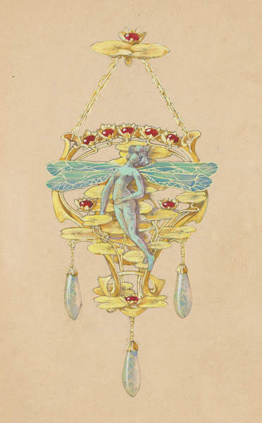 Ontwerp voor een hanger met een vrouw met libellenvleugels van goud robijnen opa