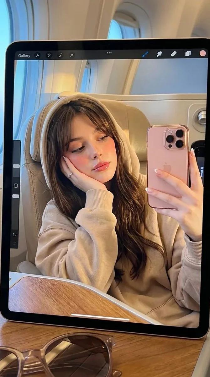 Escena muy realista del reflejo de una mujer de piel clara en un iPad en la cabina de un avión.