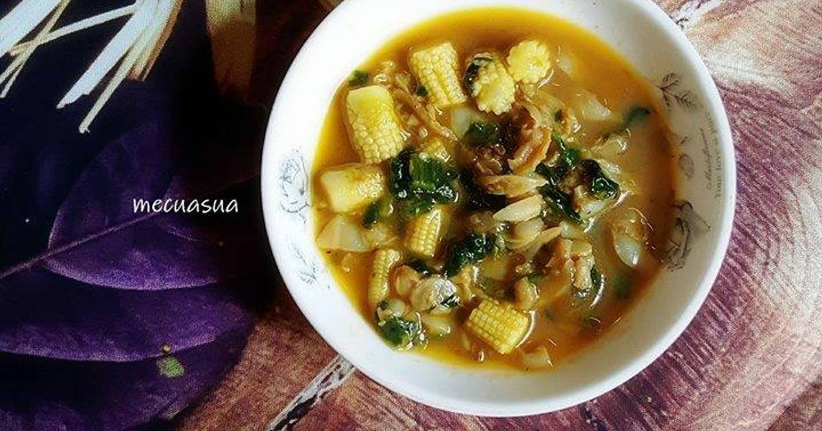 Nghêu xào cải bó xôi, bắp non, sốt Nhật