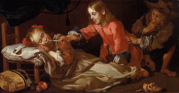 Sleeping girl with two children playing