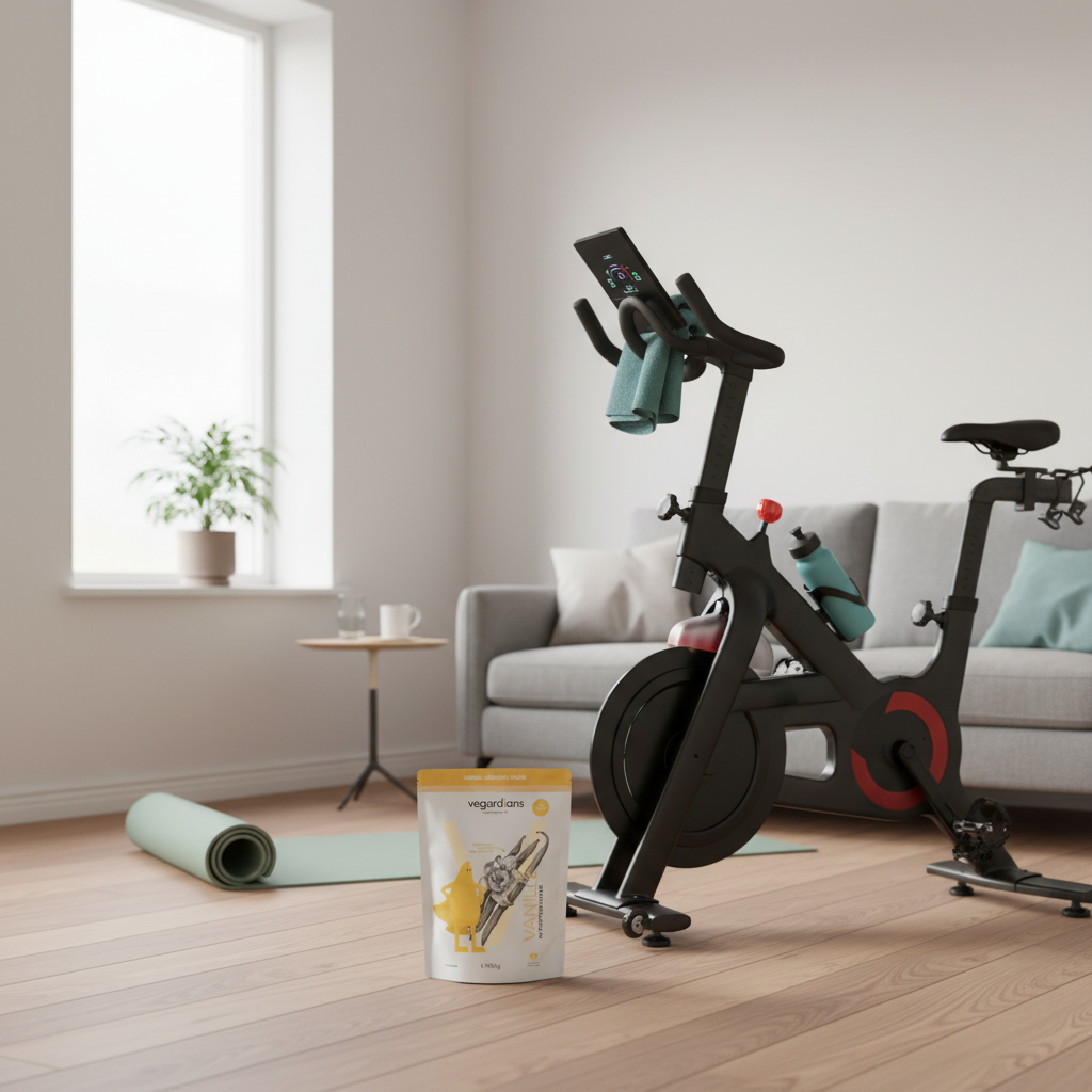 Minimalistisches Home‑Bike vor großem Fenster mit Tageslicht auf Holzfußboden und Trainingsmatte, Fokus auf Schwungrad und Display – Spinning vs. Indoor‑Cycling