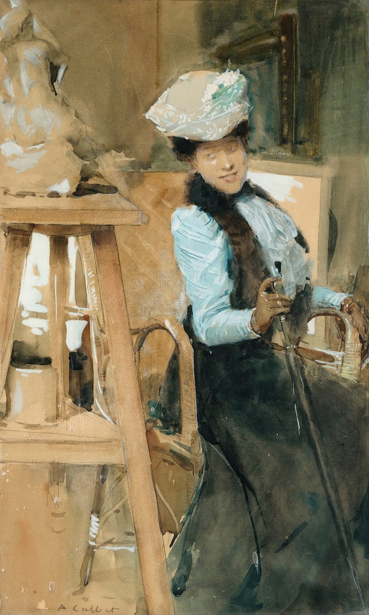 Elegant lady in a sculptors studio
