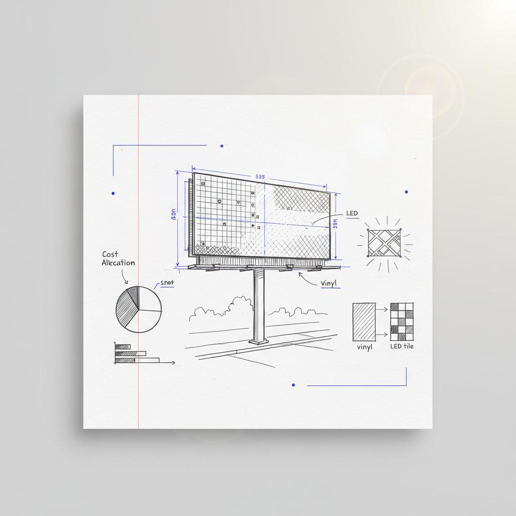 Notebook-style sketch of a street-level close-up billboard face with material study and cost diagrams showing how much is a billboard advertisement on a clean white page.