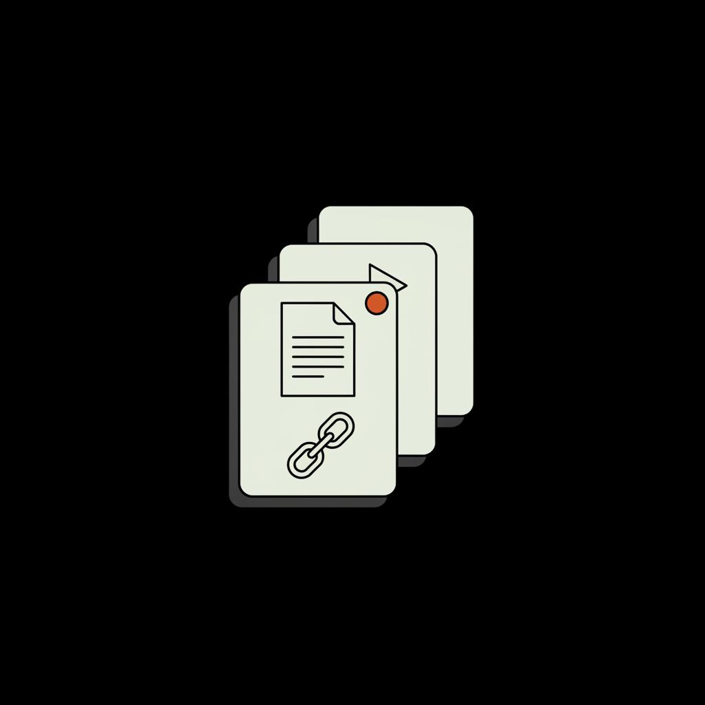 Minimal 2D vector infographic of three stacked dossier cards with media, document and link icons on a black background — get verified on Instagram without ID