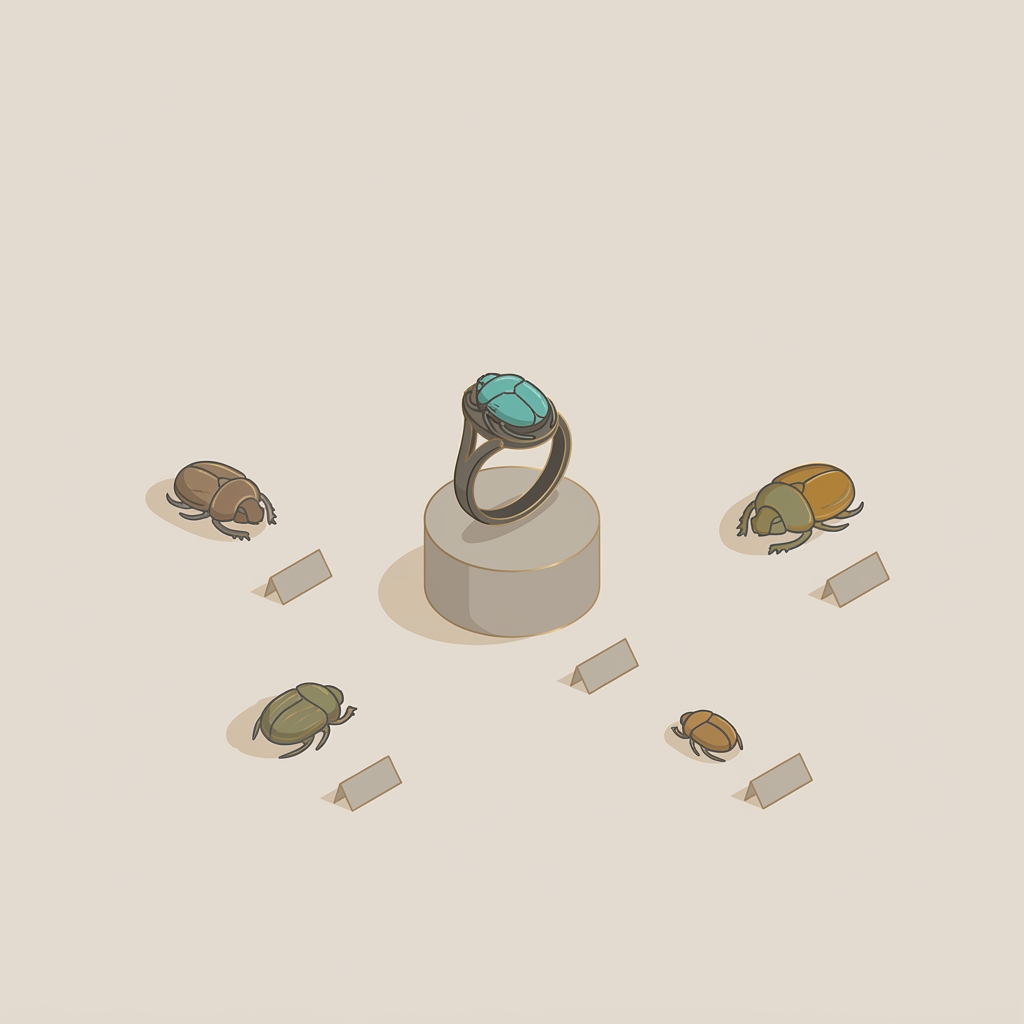 Minimalist 2D vector display of an ancient scarab ring mounted on a small pedestal surrounded by multiple scarab artifacts and blank tag condition markers
