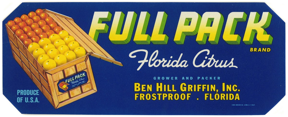 Full Pack Brand Florida Citrus Label 1930 1950