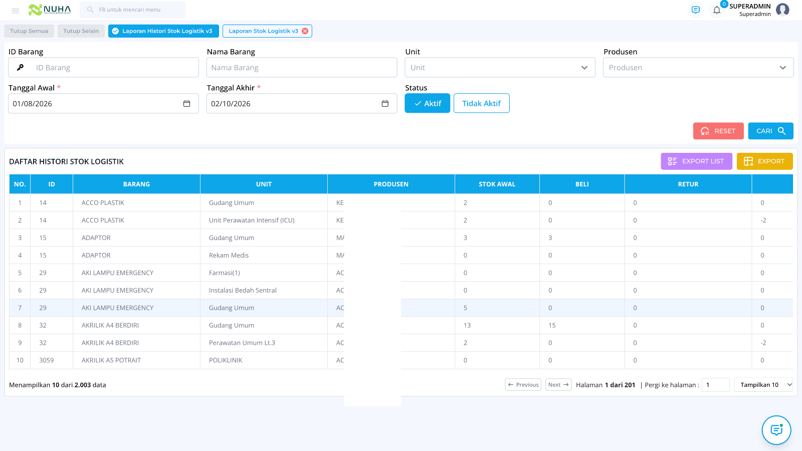 Tampilan fitur Histori & Monitoring Stok pada Warehouse Management NUHA