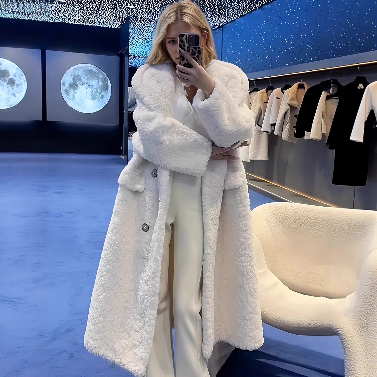 Long women's faux fur coat, casual cut