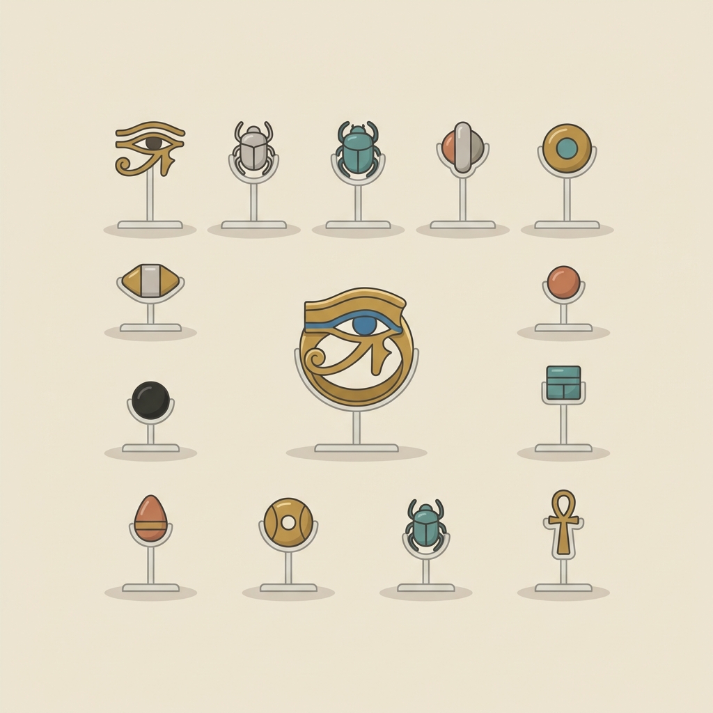 Minimal 2d vector showing curated amulets and beads with a central eye of horus ring on museum mounts on neutral Aurora Antiqua background ede7da with accents ae8339