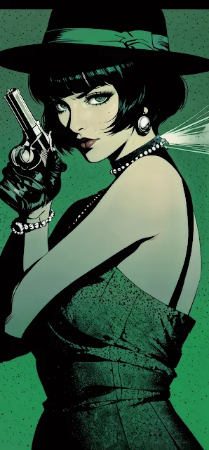 Noir Femme Fatale with Gun in Green Vintage Style