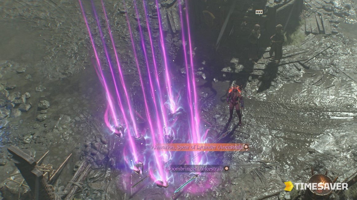 Diablo 4 Ancestral Mythic Uniques Ahavarion Spear of Lycander and Doombringer dropping with purple loot beams