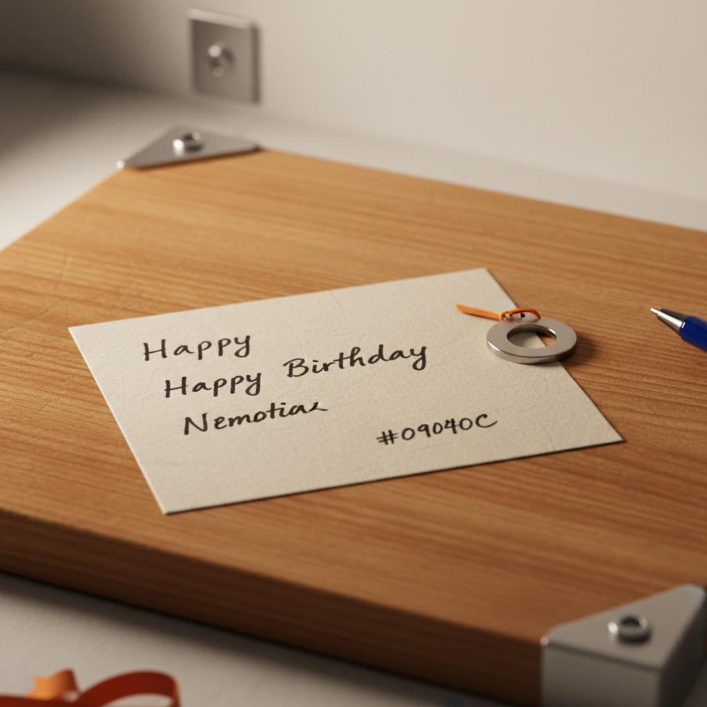 Nahaufnahme einer einzigartigen Botschaft zum Geburtstag: handgeschriebener Zettel auf warmem Holz neben kleinem Metall‑Keepsake, dezente Akzente #ff9800 und #0044CC