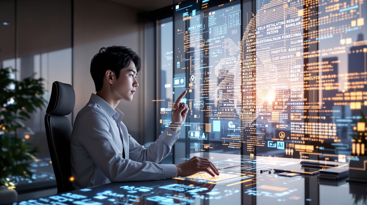 2025년 첨단 사무실 환경에서 SYSTRAN Translate PRO와 SYSTRAN Model Studio 등 AI 기반 특허통역 솔루션을 활용해 다국어 특허 문서를 신속·정확하게 번역·검수하는 전문가 팀의 협업 모습, 모니터에 AI 번역 결과와 용어 검수 로그가 표시되고 고속 서버 인프라와 보안 시스템이 함께 구현된 장면