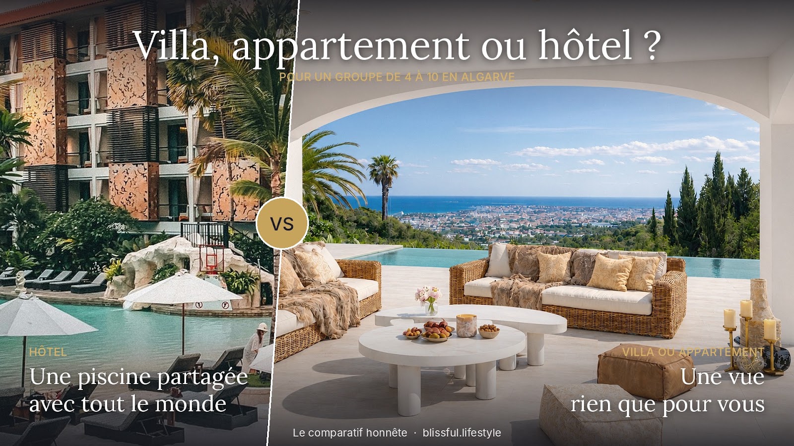 Villa, appartement ou hôtel en Algarve : une piscine d'hôtel partagée à côté d'une terrasse de villa privée avec vue mer