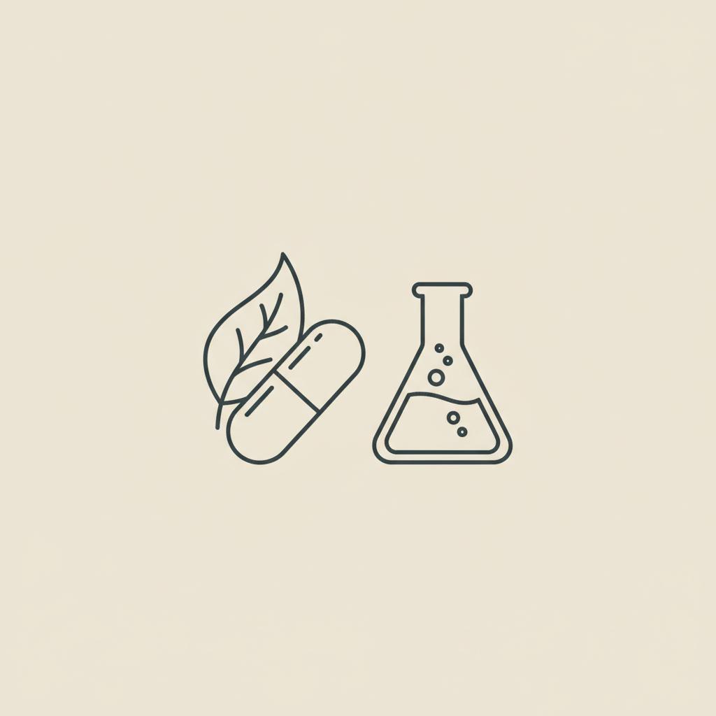 Minimal line illustration of a capsule, leaf, and lab flask on beige background representing a natural fat burner concept