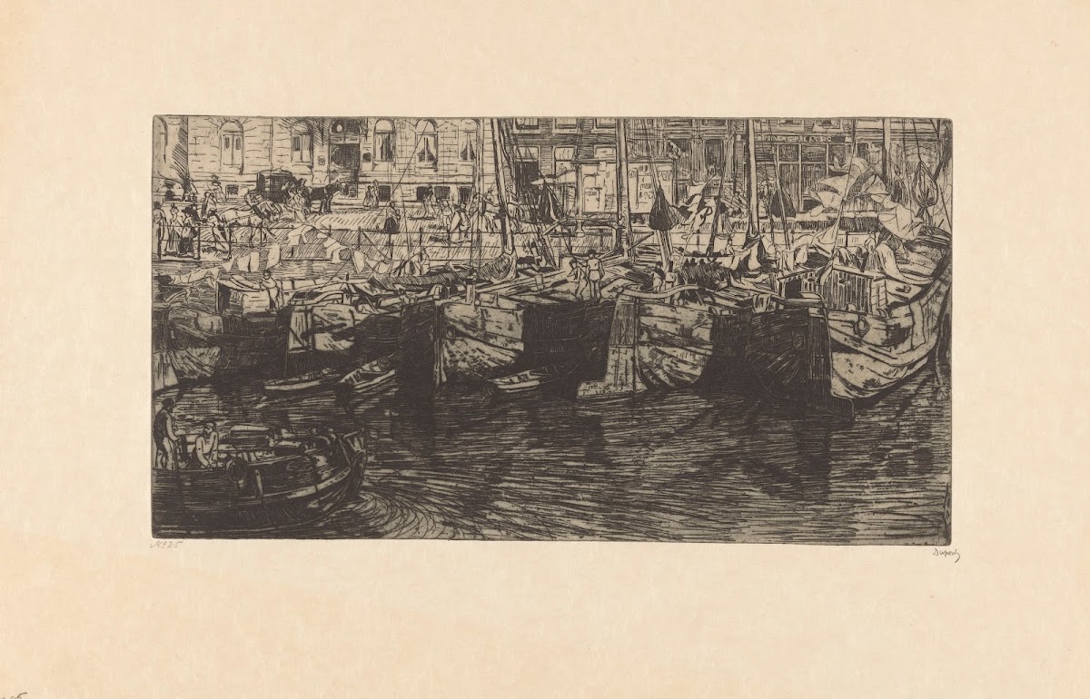 Schepen in het Damrak in Amsterdam 1895
