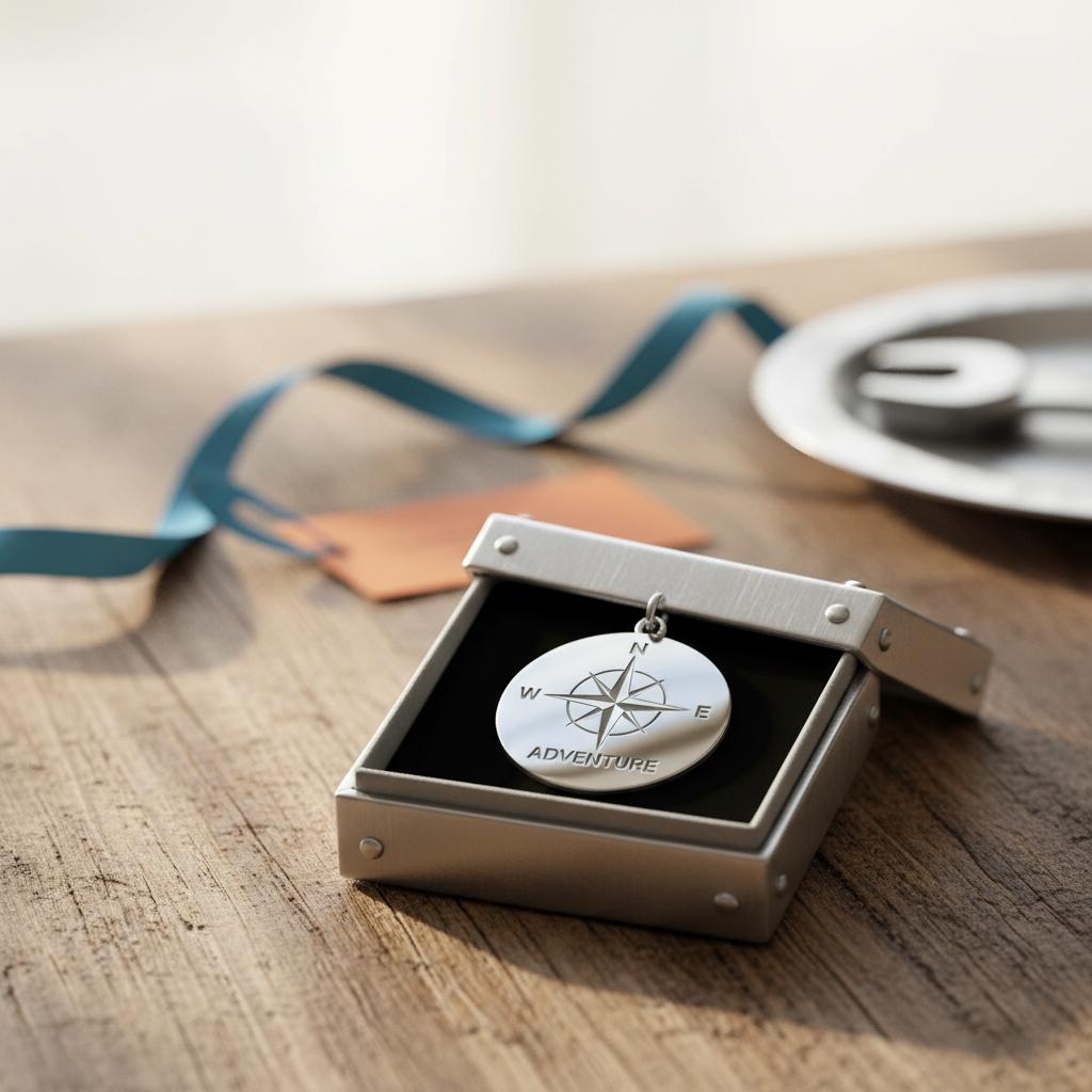 Nahaufnahme eines rustikalen Holztischs mit offenem Geschenkbehälter und graviertem Edelstahl-Anhänger im Fokus — geschenkideen fitness, minimalistisch, dezente Akzente #0044CC und #ff9800.