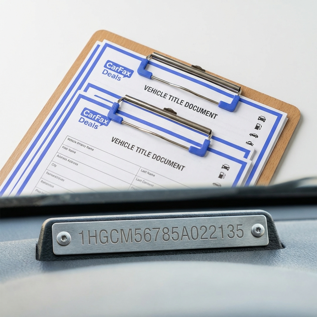 Close interior shot showing VIN plate and title documents on a clipboard for a toyota hilux for sale minimalist white background with blue accents