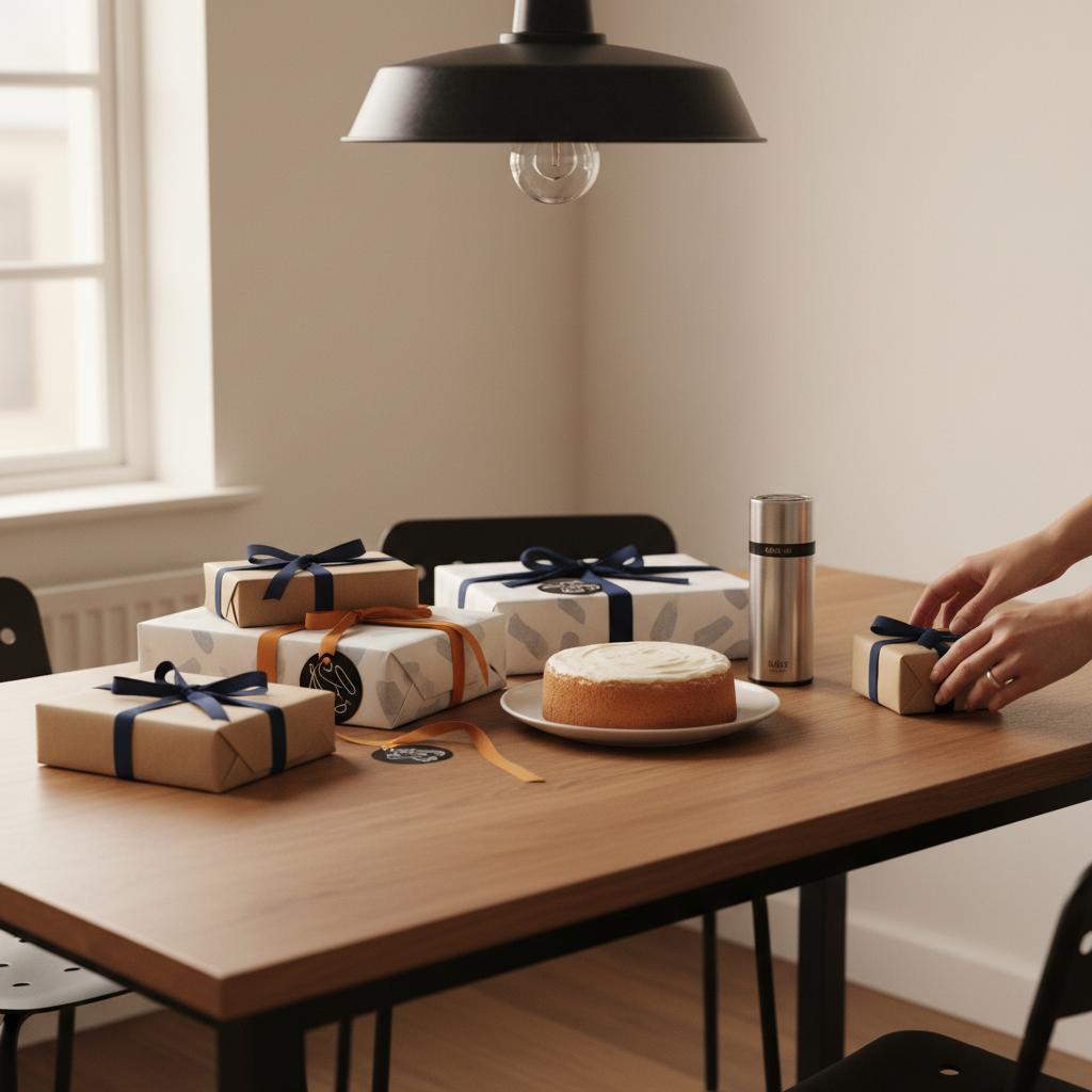 aktivitäten papa tochter: Intimes Esstisch-Arrangement mit Geschenken und einfachem Vanillekuchen, warme Beleuchtung, industrielle Metalldetails und Holzoberflächen