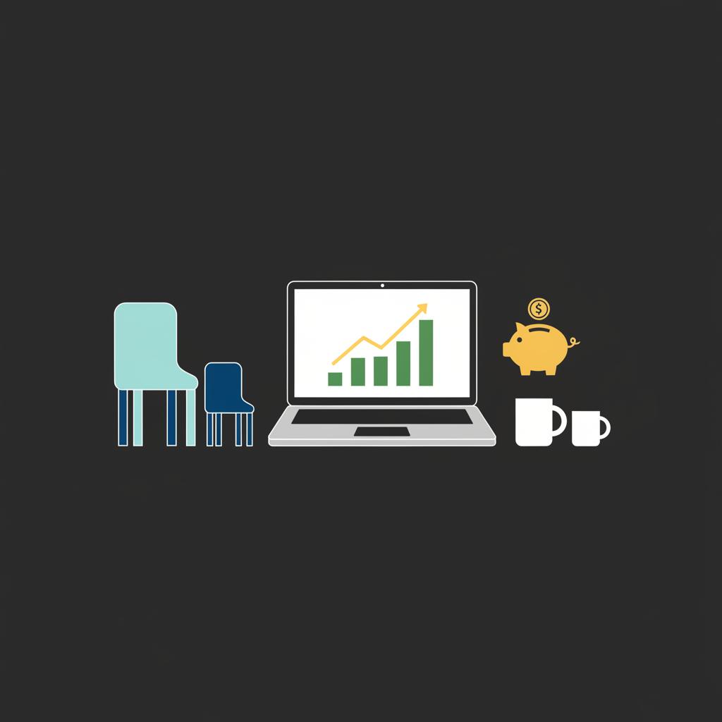 Minimal vector illustration of a laptop with a modest chart and a piggy bank next to two chairs representing parent and teen how to start investing as a teenager