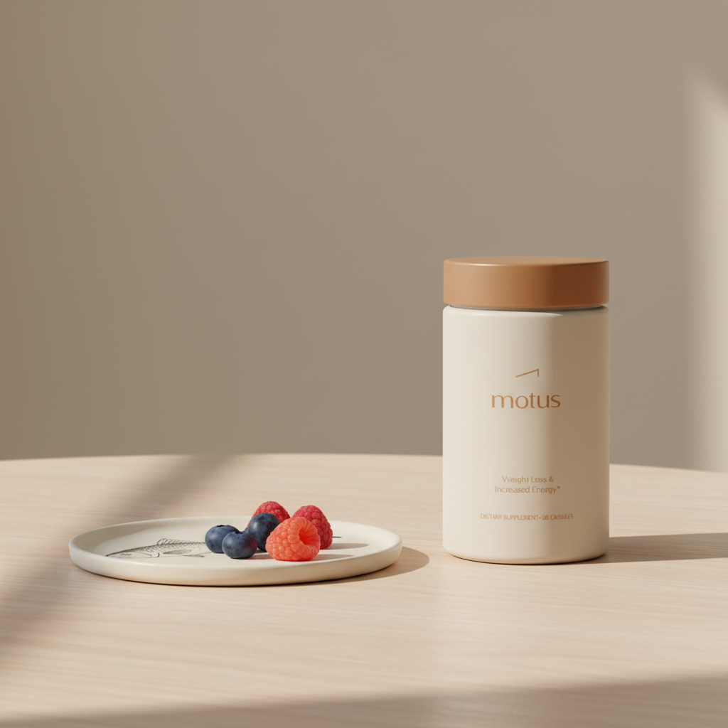 Minimalist product photo of Tonum women's multivitamin (Motus) jar on light wooden table with omega fish illustration plate and berries, beige background