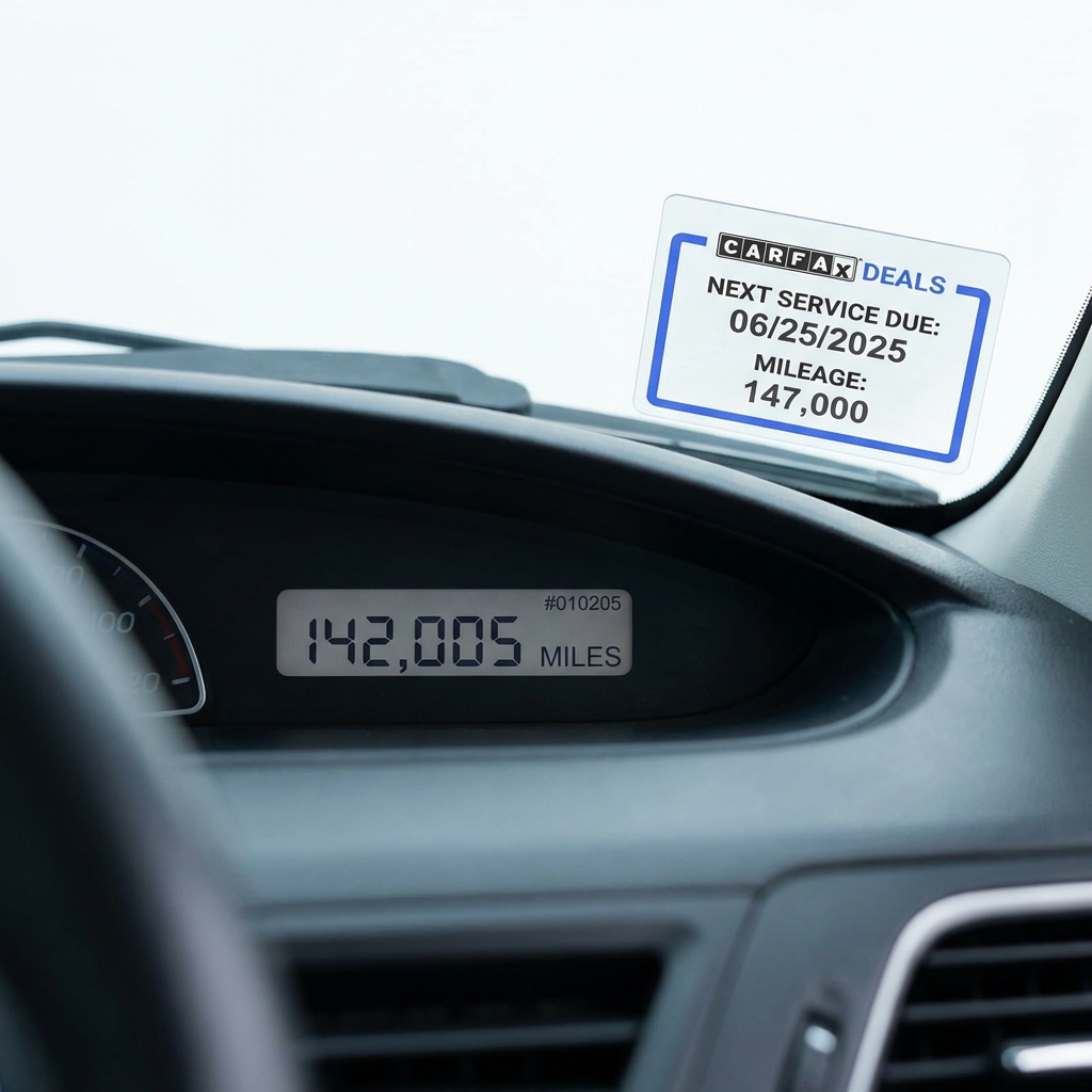 Close up odometer and windshield service sticker showing mileage and service dates for a chevy impala for sale on a clean white background