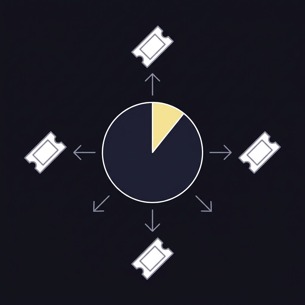 Minimalist 2D vector diagram of a pari mutuel pool flow showing a central pie for total pool with a highlighted takeout slice and net pool distributing to winning ticket icons wager calculator
