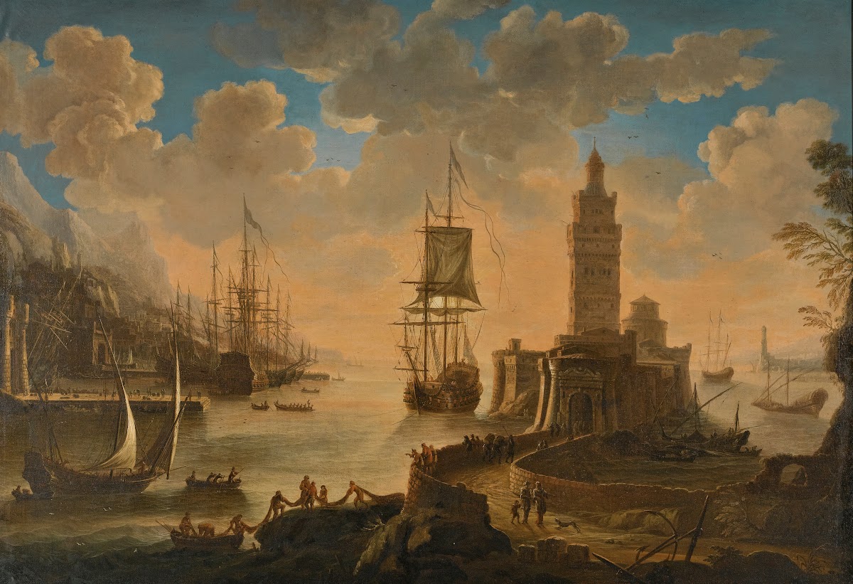 A Capriccio Of Shipping In A Mediterranean Harbour With Fishermen Unloading Thei