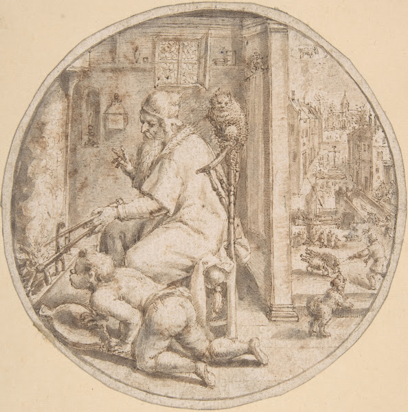 December And Old Man Seated by a Hearth with a Young Man Blowing on the Fire lat