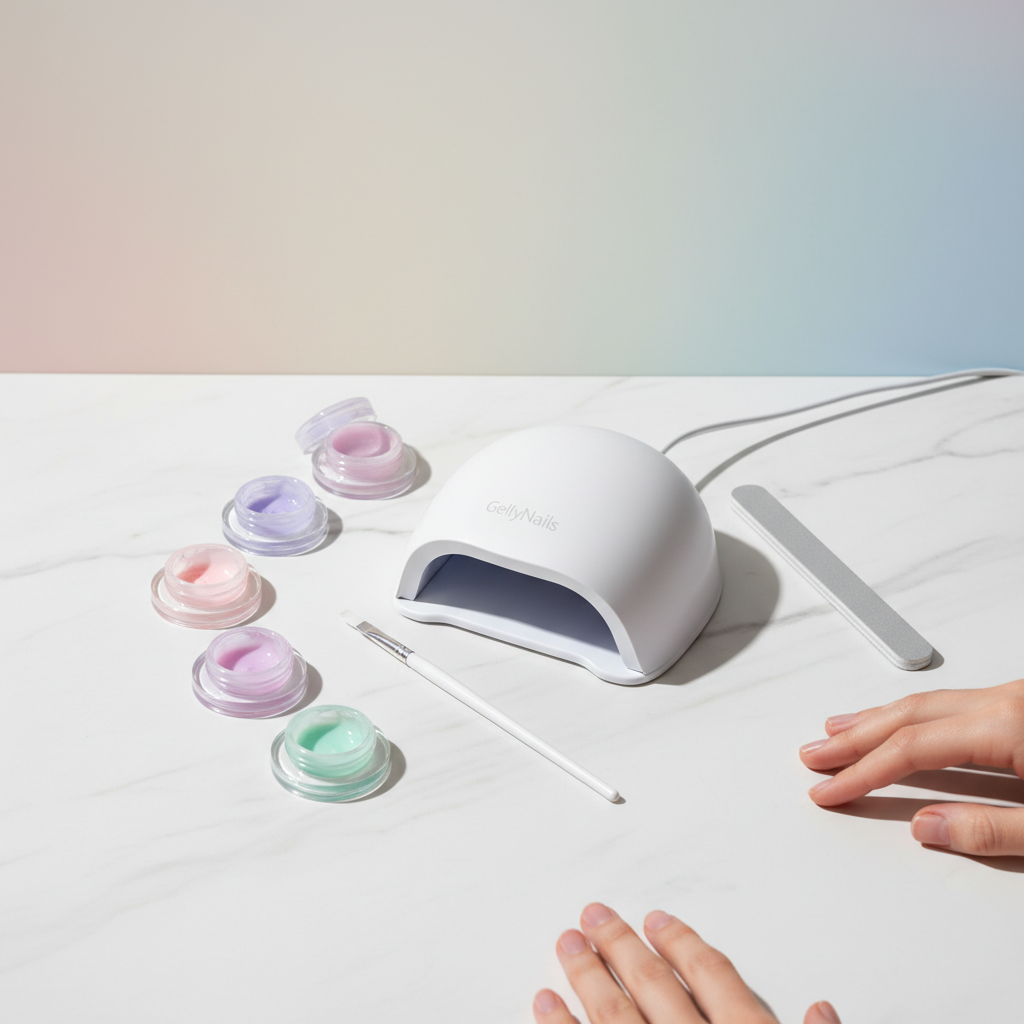 Nahaufnahme eines minimalistischen GellyNails-Kits auf weißem Marmor mit teilweise sichtbaren Händen – Darstellung von Gelnägel Risiken in ruhiger, klinisch-ästhetischer Bildsprache