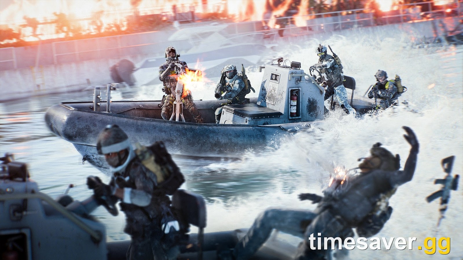 Battlefield 6 screenshot of a rigid inflatable assault boat speeding through open water with soldiers firing from the deck and swimmers in the foreground