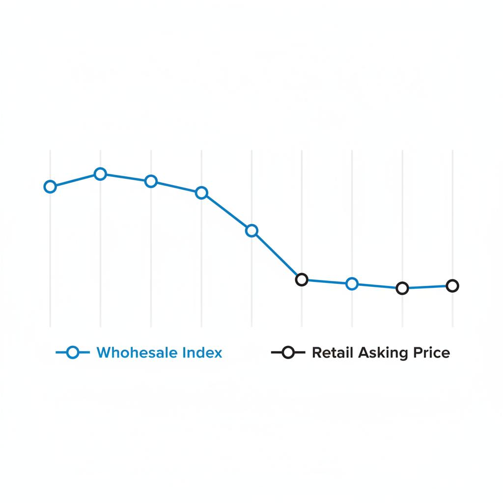 Minimalist 2D vector chart showing wholesale index trending down and retail asking prices easing a few weeks later on white background using CarFax colors honda cr v for sale near me