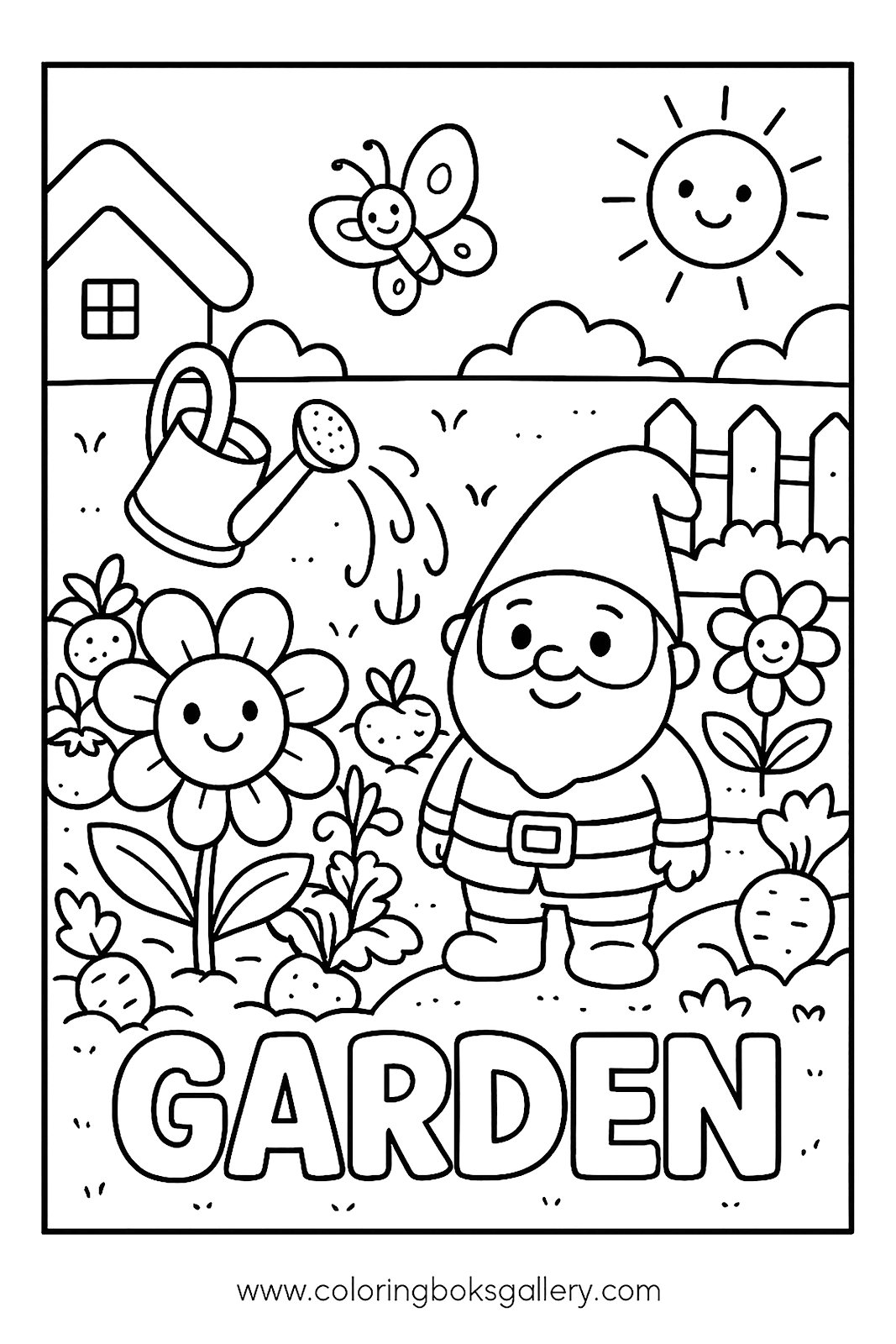 Fun coloring page to learn the English word 'Garden' for kids – printable coloring page