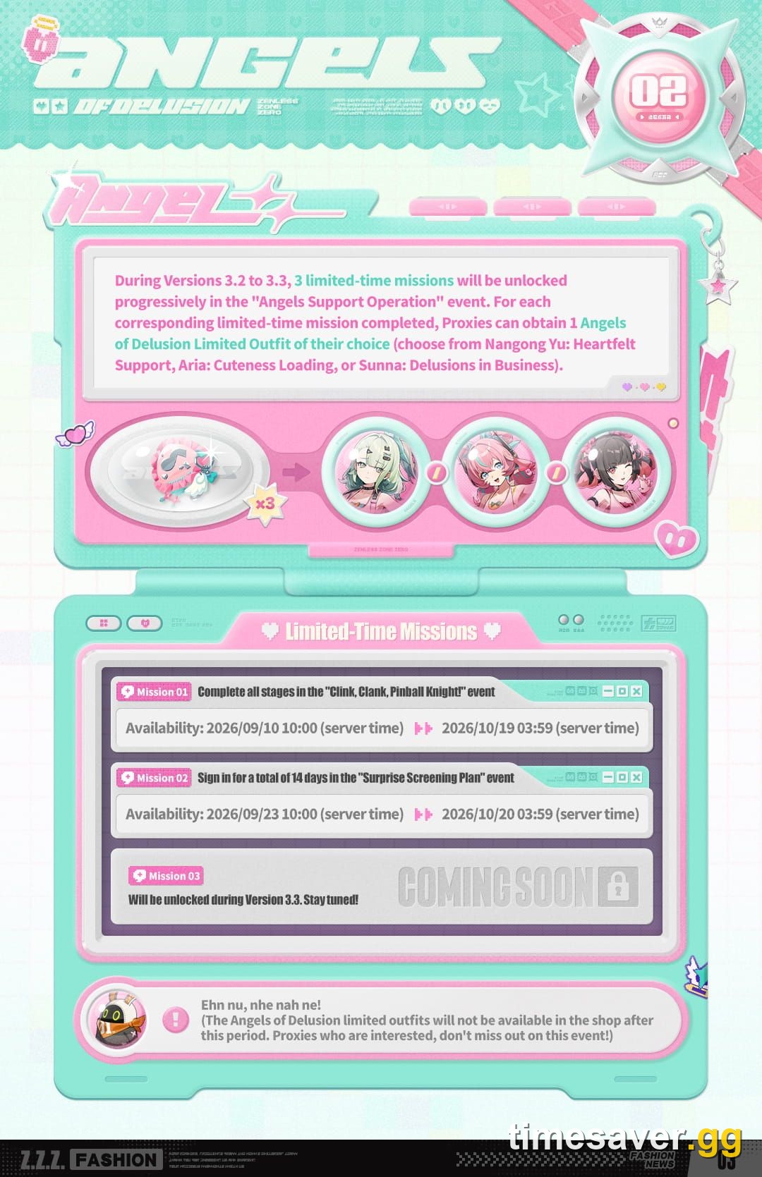 Official Angels Support Operation mission schedule graphic showing the Mission 01 and Mission 02 windows