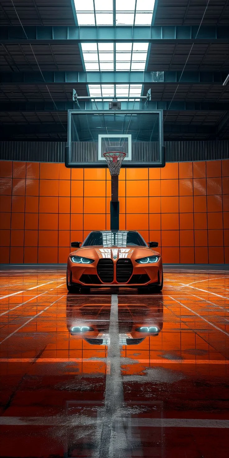 Orange BMW on Basketball Court - Automotive Photography iPhone Wallpaper (736x1472)